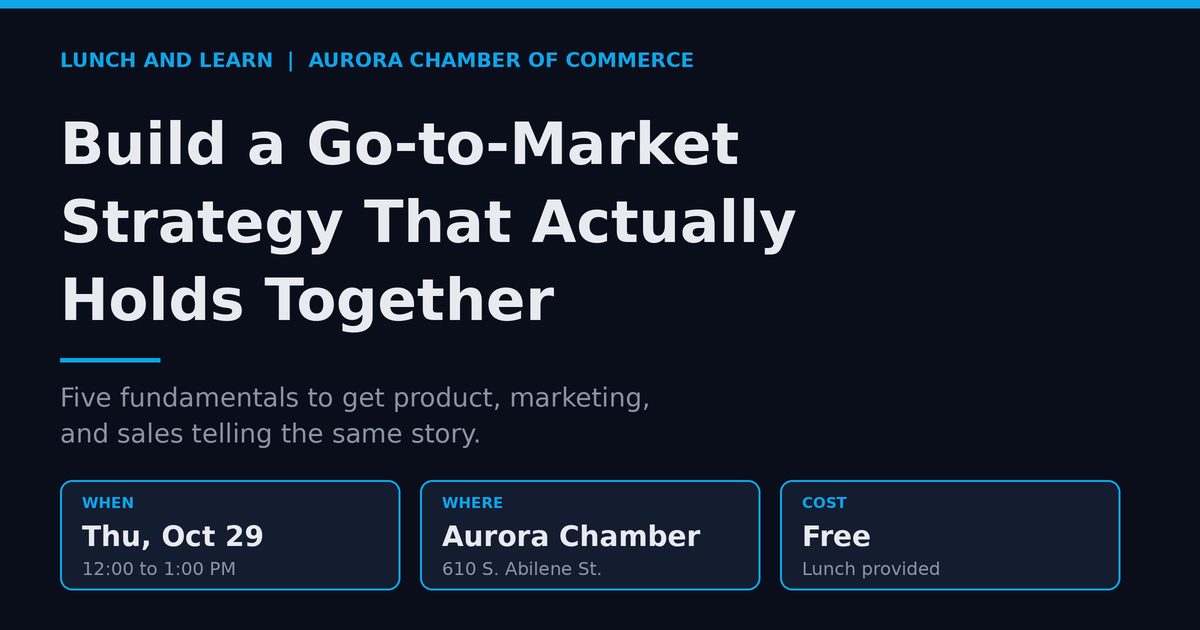 Event graphic for the Aurora Chamber of Commerce lunch and learn on go-to-market fundamentals, Thursday, October 29, 12:00 to 1:00 PM, free with lunch provided