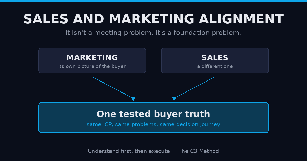Diagram showing separate marketing and sales boxes, each with its own picture of the buyer, converging with arrows onto a single highlighted foundation labeled one tested buyer truth