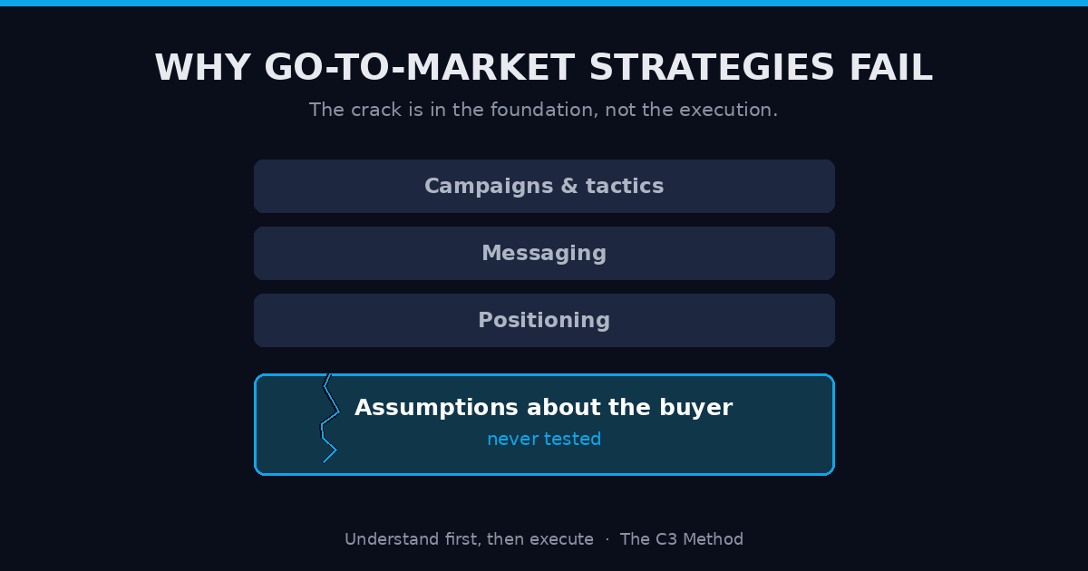 A stack of go-to-market layers, campaigns, messaging, and positioning, resting on a cracked foundation labeled untested assumptions about the buyer
